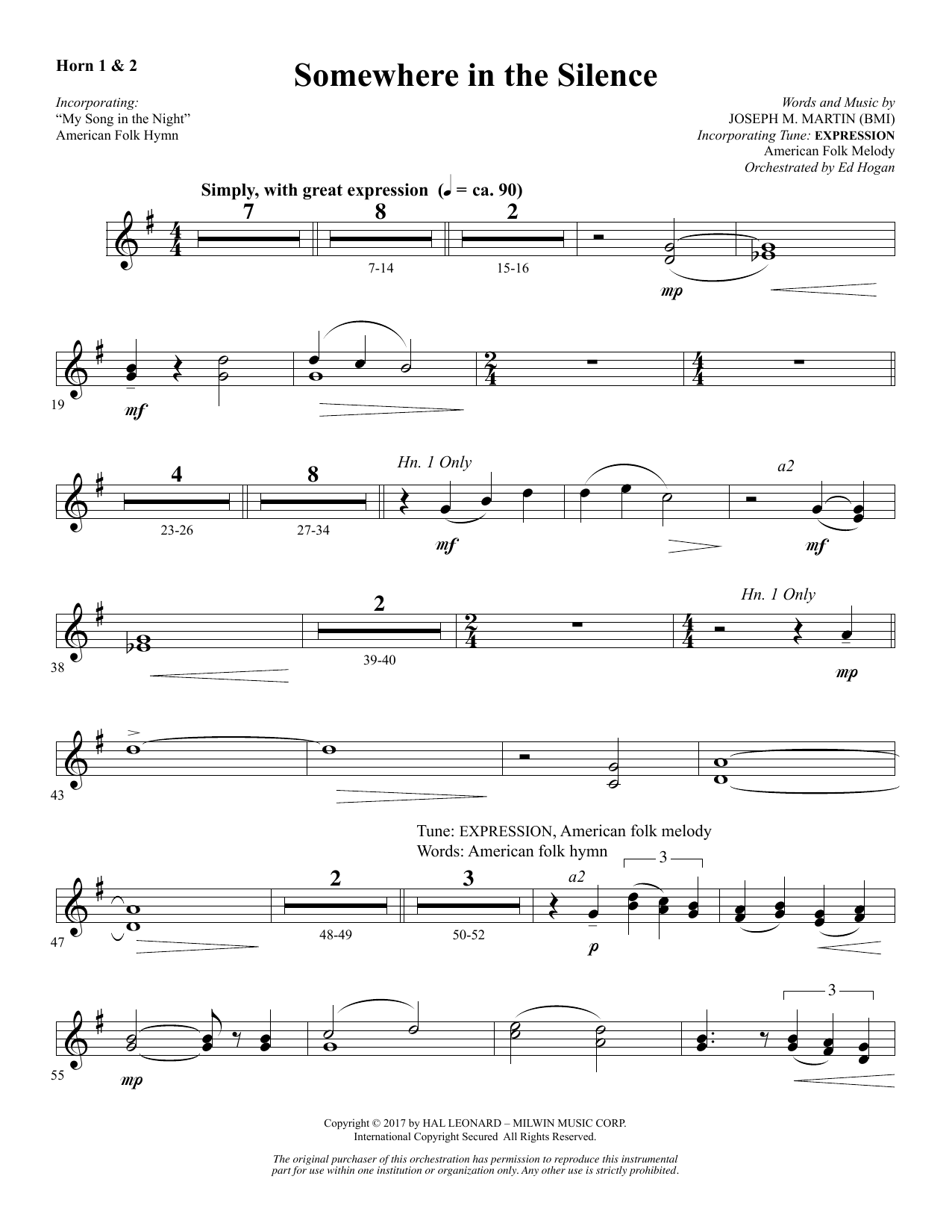 Download Joseph M. Martin Somewhere in the Silence - F Horn 1 & 2 Sheet Music and learn how to play Choir Instrumental Pak PDF digital score in minutes