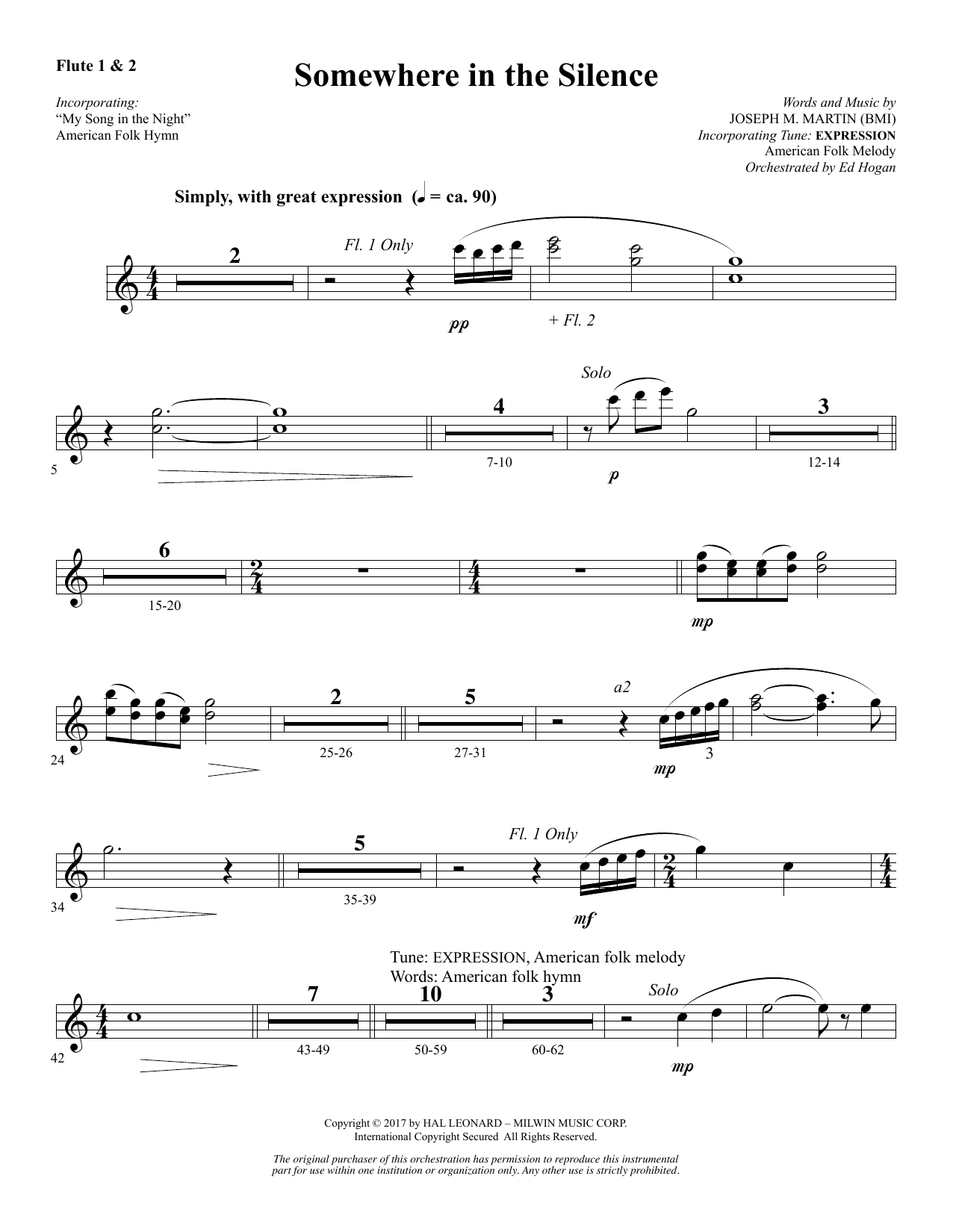 Download Joseph M. Martin Somewhere in the Silence - Flute 1 & 2 Sheet Music and learn how to play Choir Instrumental Pak PDF digital score in minutes