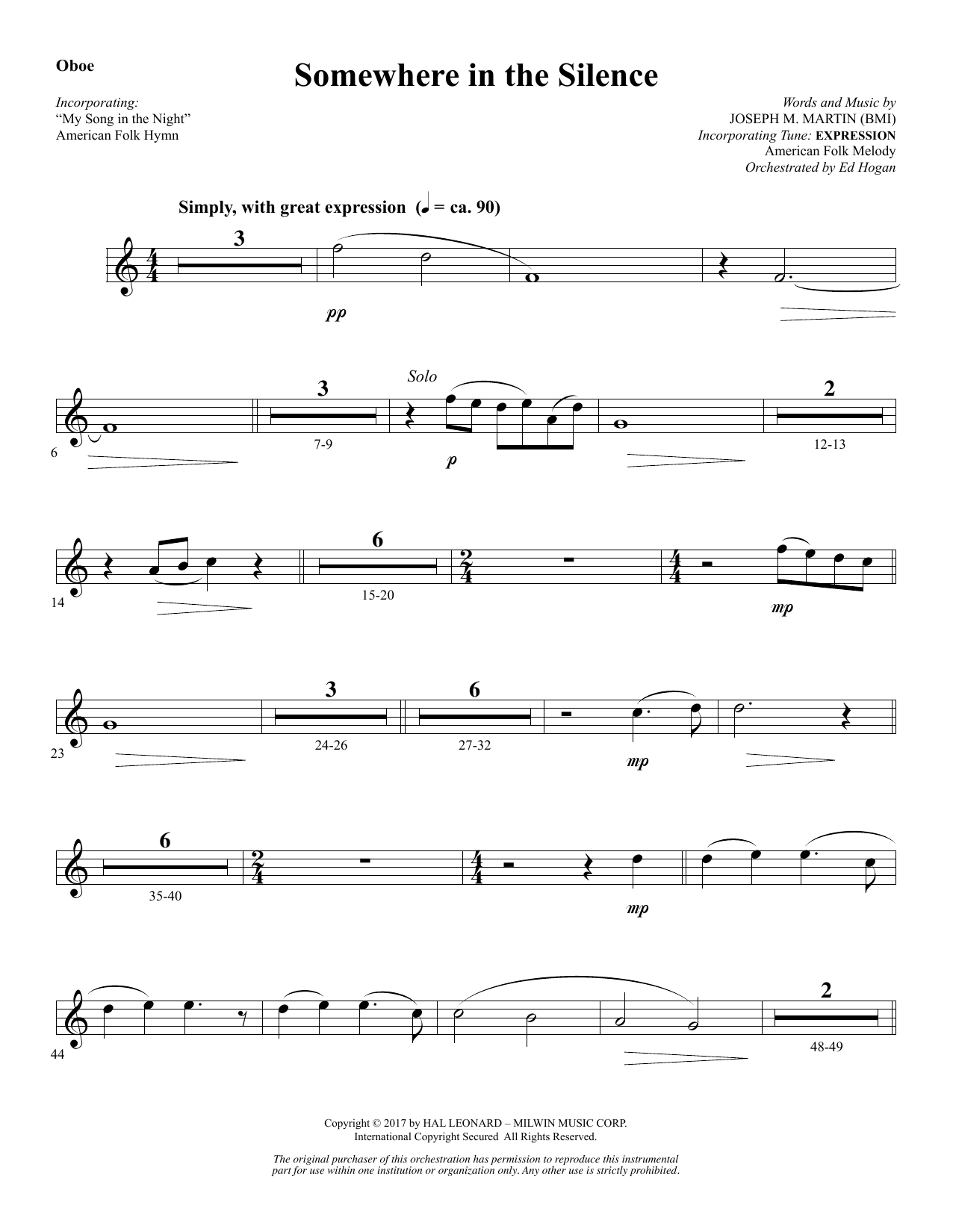 Download Joseph M. Martin Somewhere in the Silence - Oboe Sheet Music and learn how to play Choir Instrumental Pak PDF digital score in minutes