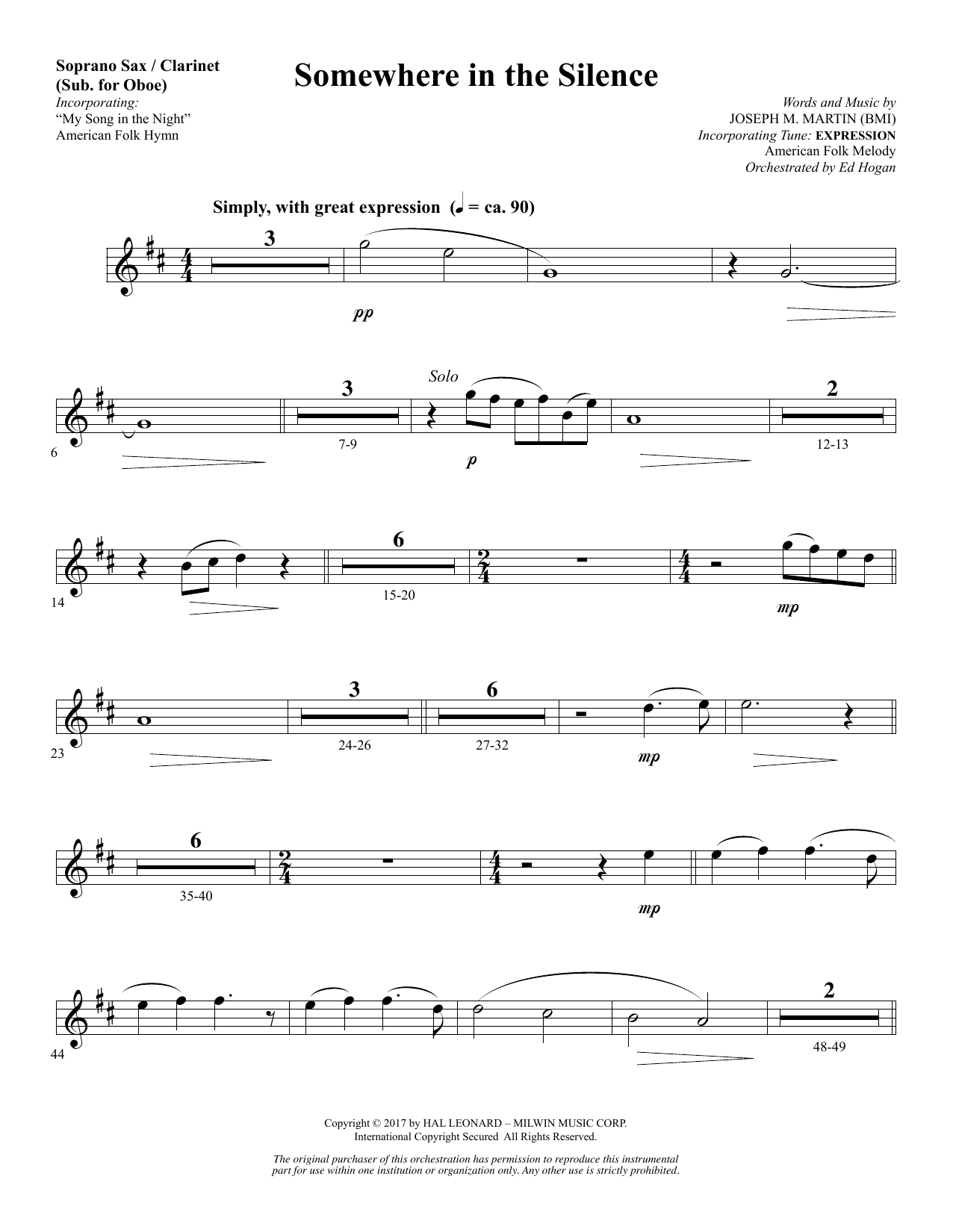 Download Joseph M. Martin Somewhere in the Silence - Soprano Sax/Clarinet(sub oboe) Sheet Music and learn how to play Choir Instrumental Pak PDF digital score in minutes