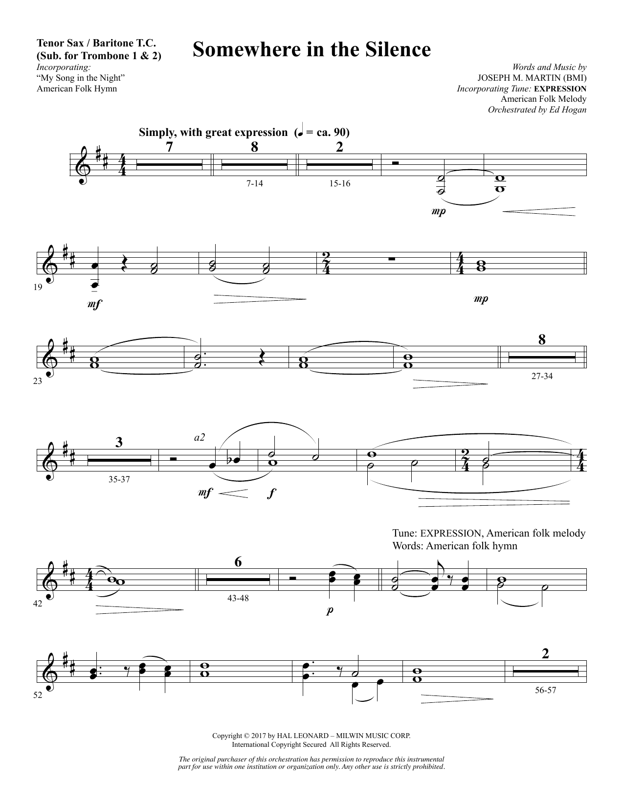 Download Joseph M. Martin Somewhere in the Silence - Tenor Sax/BariTC (sub Tbn 1-2) Sheet Music and learn how to play Choir Instrumental Pak PDF digital score in minutes