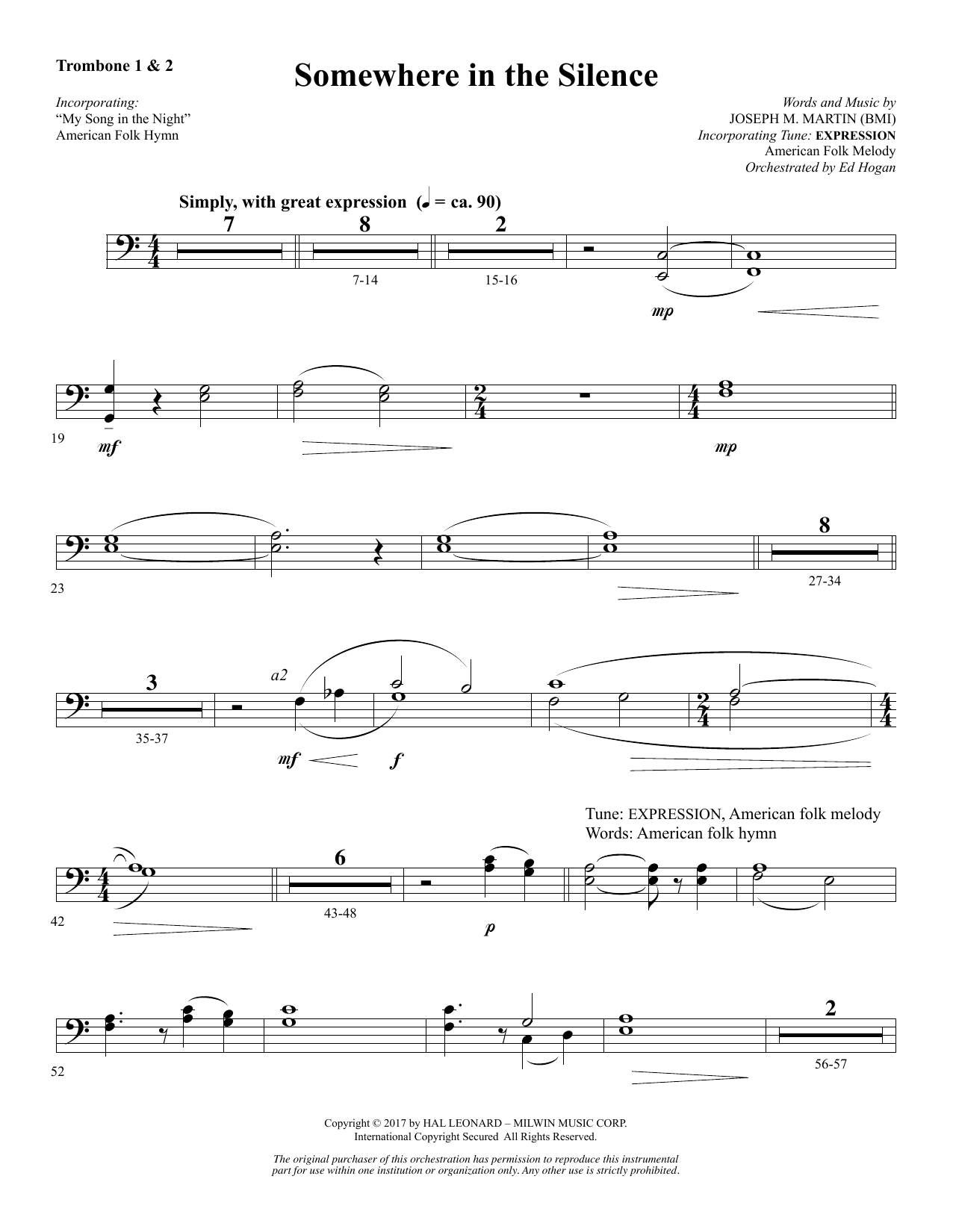Download Joseph M. Martin Somewhere in the Silence - Trombone 1 & 2 Sheet Music and learn how to play Choir Instrumental Pak PDF digital score in minutes