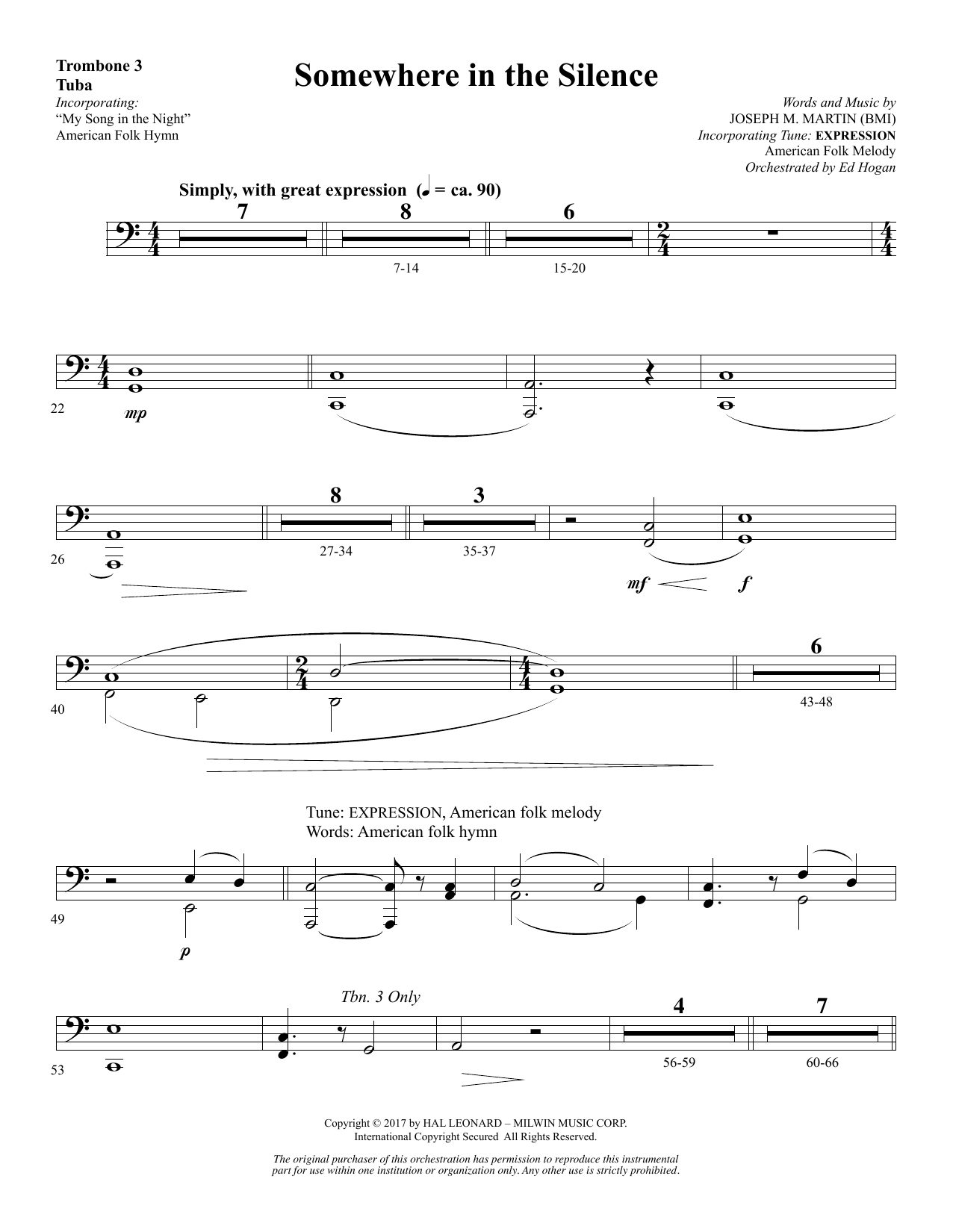 Download Joseph M. Martin Somewhere in the Silence - Trombone 3/Tuba Sheet Music and learn how to play Choir Instrumental Pak PDF digital score in minutes