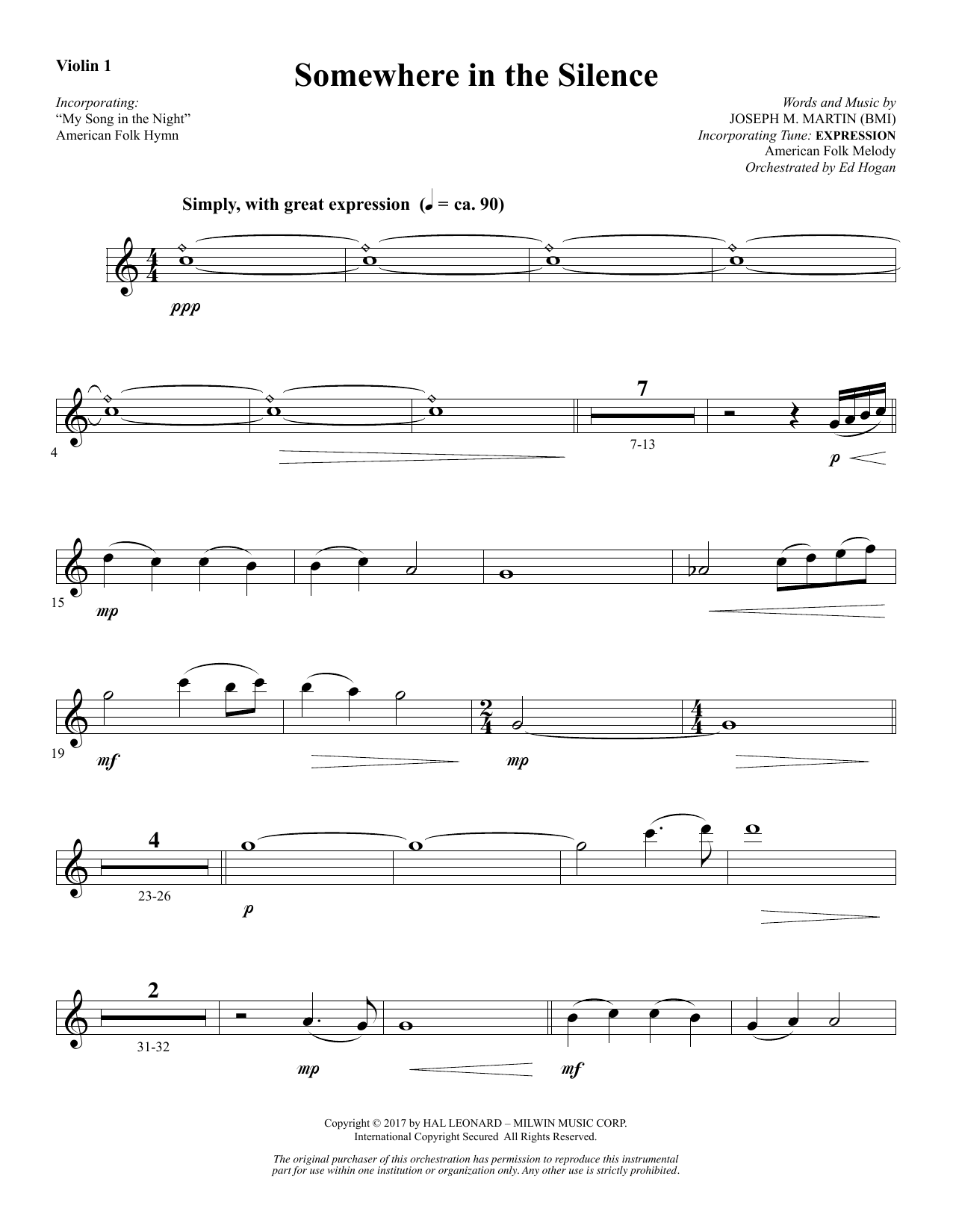 Download Joseph M. Martin Somewhere in the Silence - Violin 1 Sheet Music and learn how to play Choir Instrumental Pak PDF digital score in minutes