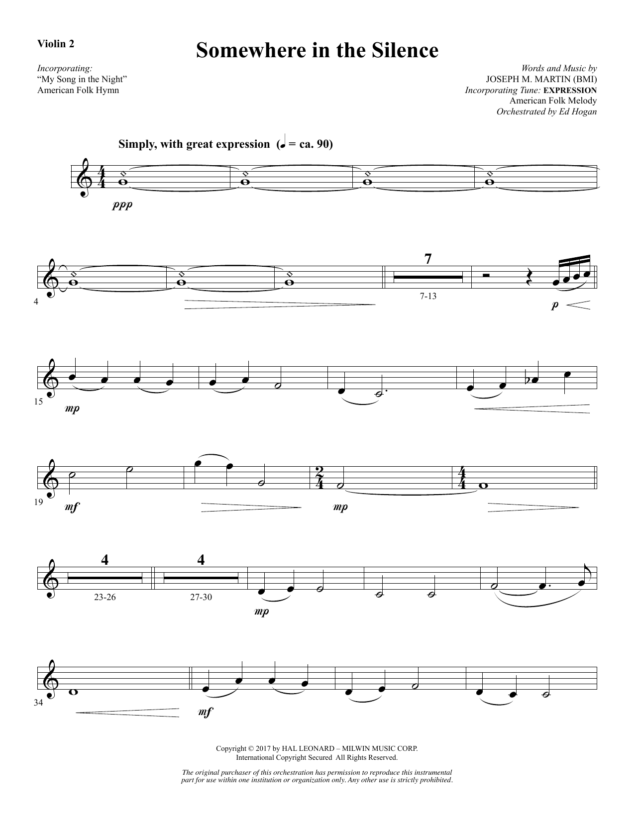 Download Joseph M. Martin Somewhere in the Silence - Violin 2 Sheet Music and learn how to play Choir Instrumental Pak PDF digital score in minutes