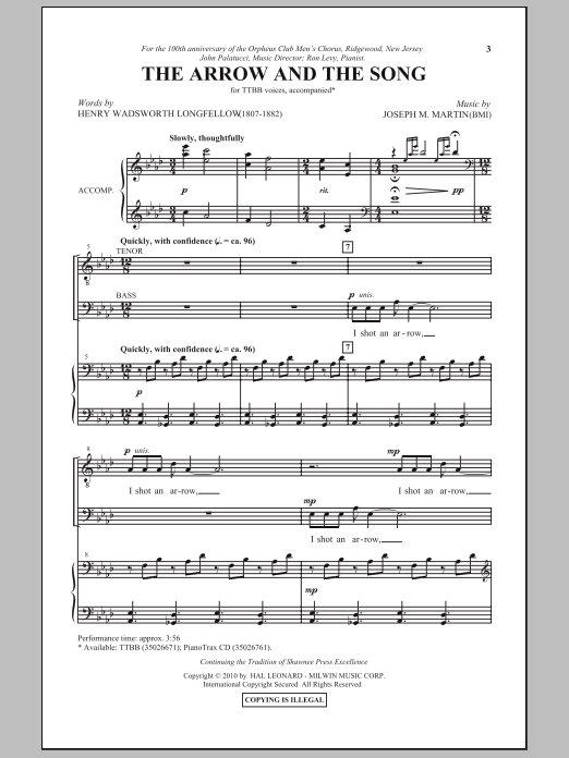 Download Joseph M. Martin The Arrow And The Song Sheet Music and learn how to play TTBB Choir PDF digital score in minutes