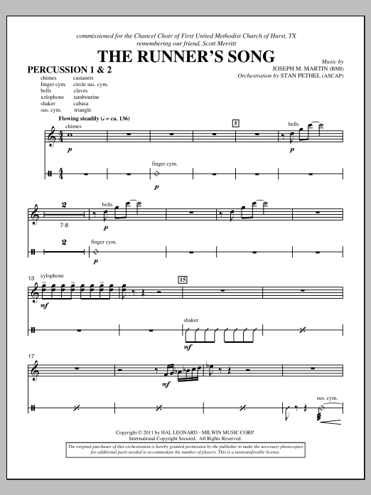 Download Joseph M. Martin The Runner's Song - Percussion 1 & 2 Sheet Music and learn how to play Choir Instrumental Pak PDF digital score in minutes