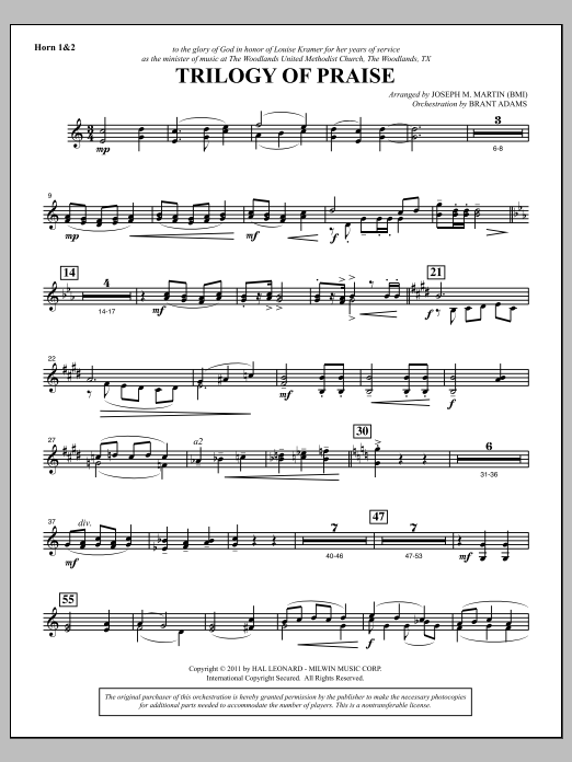 Download Joseph M. Martin Trilogy Of Praise - F Horn 1,2 Sheet Music and learn how to play Choir Instrumental Pak PDF digital score in minutes