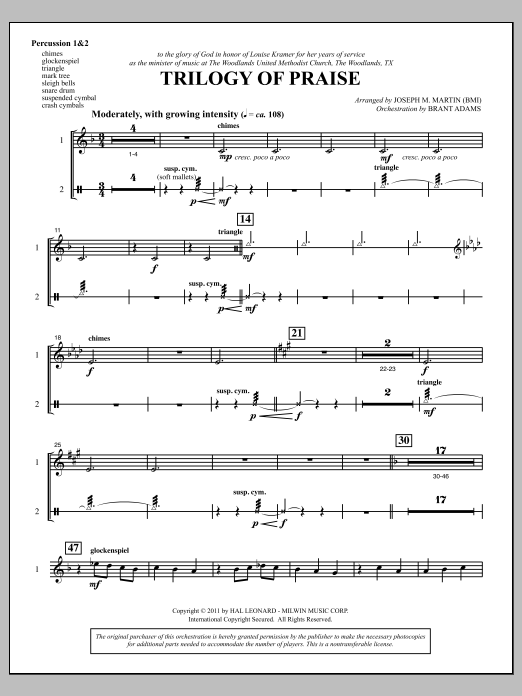 Download Joseph M. Martin Trilogy Of Praise - Percussion 1 & 2 Sheet Music and learn how to play Choir Instrumental Pak PDF digital score in minutes