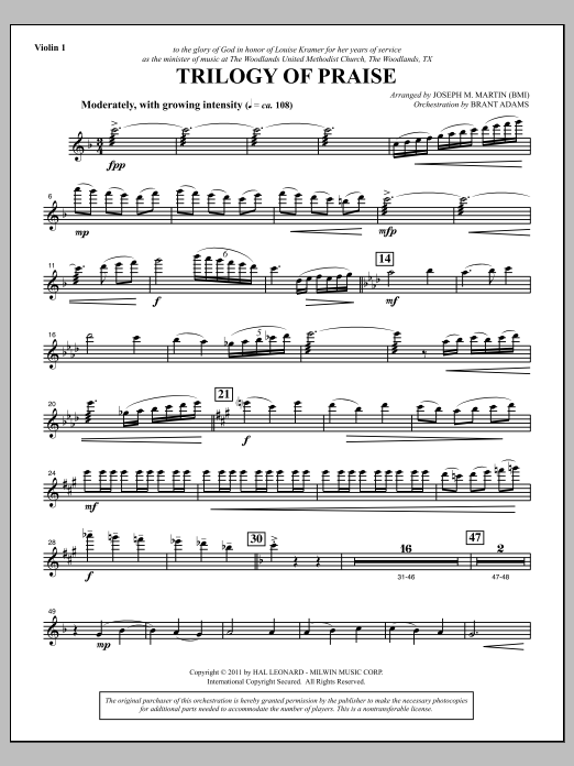 Download Joseph M. Martin Trilogy Of Praise - Violin 1 Sheet Music and learn how to play Choir Instrumental Pak PDF digital score in minutes
