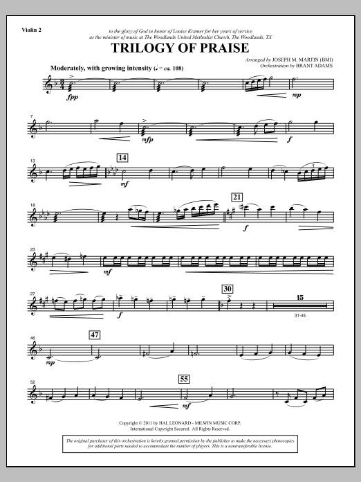 Download Joseph M. Martin Trilogy Of Praise - Violin 2 Sheet Music and learn how to play Choir Instrumental Pak PDF digital score in minutes