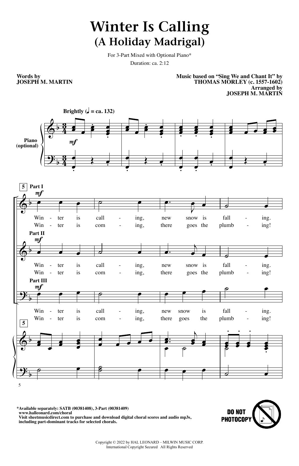 Download Joseph M. Martin Winter Is Calling (A Holiday Madrigal) Sheet Music and learn how to play SATB Choir PDF digital score in minutes