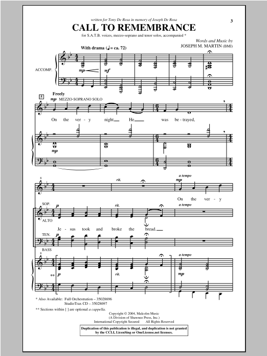 Download Joseph Martin Call To Remembrance Sheet Music and learn how to play Choral PDF digital score in minutes
