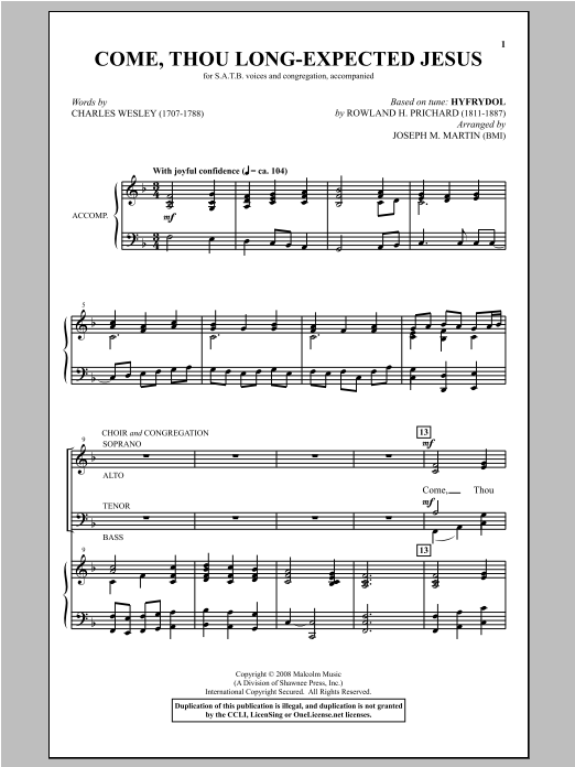 Download Rowland H. Prichard Come, Thou Long-Expected Jesus (arr. Joseph M. Martin) Sheet Music and learn how to play SATB PDF digital score in minutes