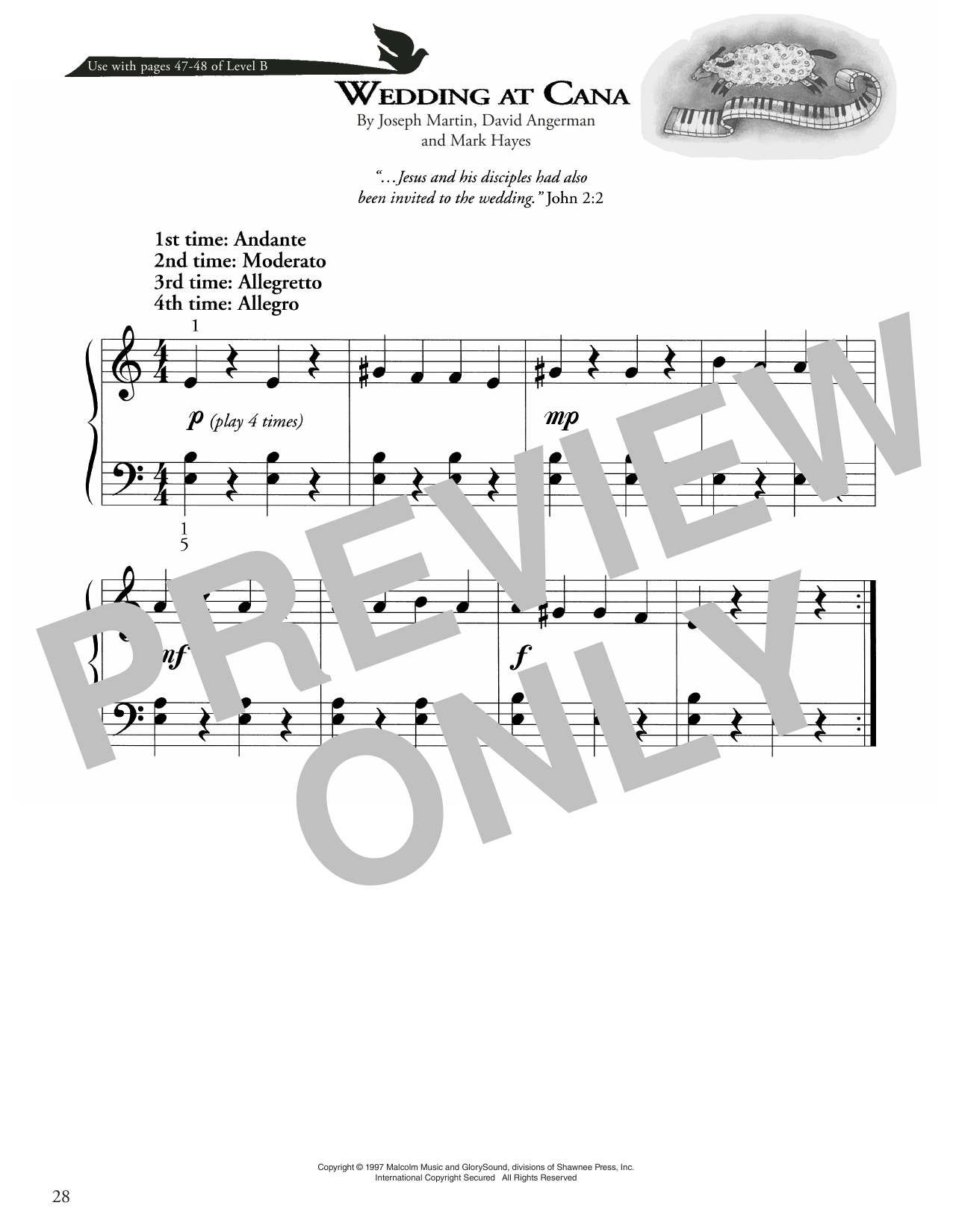 Download Joseph Martin, David Angerman and Mark Hayes Wedding At Cana Sheet Music and learn how to play Piano Method PDF digital score in minutes