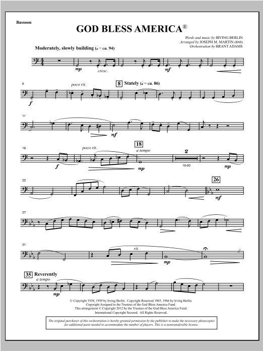 Download Joseph Martin God Bless America - Bassoon Sheet Music and learn how to play Choir Instrumental Pak PDF digital score in minutes
