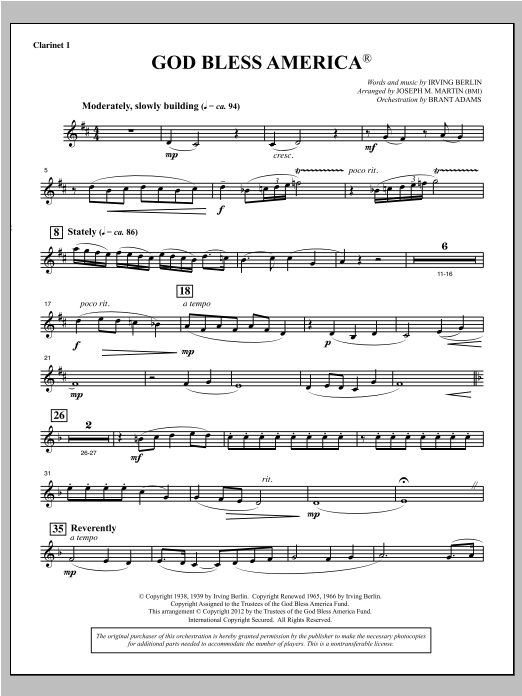 Download Joseph Martin God Bless America - Bb Clarinet 1 Sheet Music and learn how to play Choir Instrumental Pak PDF digital score in minutes