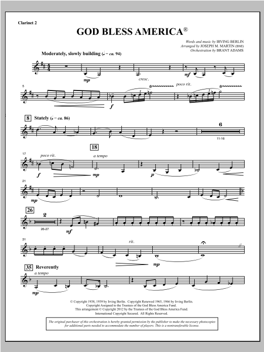 Download Joseph Martin God Bless America - Bb Clarinet 2 Sheet Music and learn how to play Choir Instrumental Pak PDF digital score in minutes