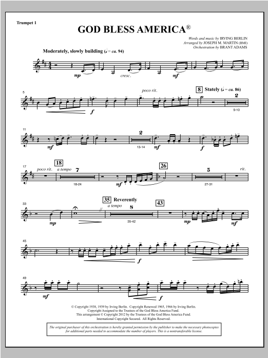 Download Joseph Martin God Bless America - Bb Trumpet 1 Sheet Music and learn how to play Choir Instrumental Pak PDF digital score in minutes