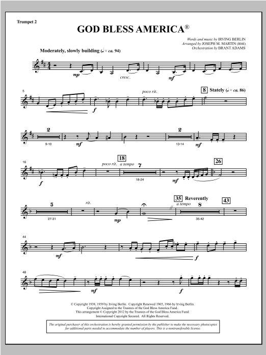 Download Joseph Martin God Bless America - Bb Trumpet 2 Sheet Music and learn how to play Choir Instrumental Pak PDF digital score in minutes
