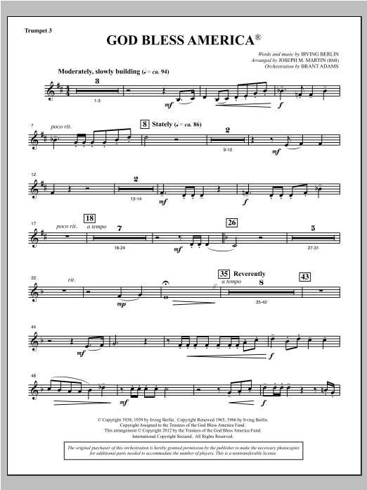 Download Joseph Martin God Bless America - Bb Trumpet 3 Sheet Music and learn how to play Choir Instrumental Pak PDF digital score in minutes