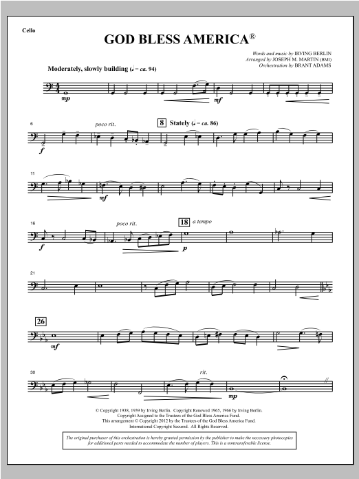 Download Joseph Martin God Bless America - Cello Sheet Music and learn how to play Choir Instrumental Pak PDF digital score in minutes