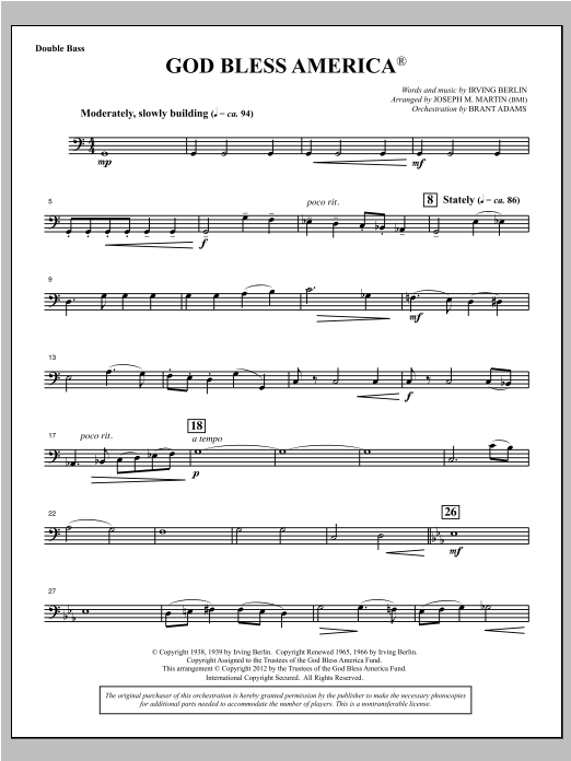 Download Joseph Martin God Bless America - Double Bass Sheet Music and learn how to play Choir Instrumental Pak PDF digital score in minutes