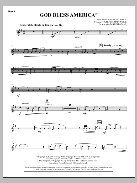 Download Joseph Martin God Bless America - F Horn 1 Sheet Music and learn how to play Choir Instrumental Pak PDF digital score in minutes