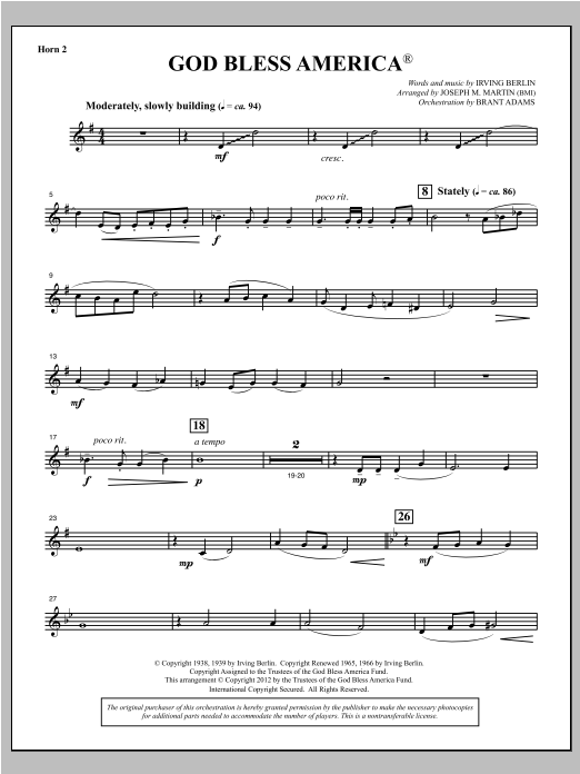 Download Joseph Martin God Bless America - F Horn 2 Sheet Music and learn how to play Choir Instrumental Pak PDF digital score in minutes