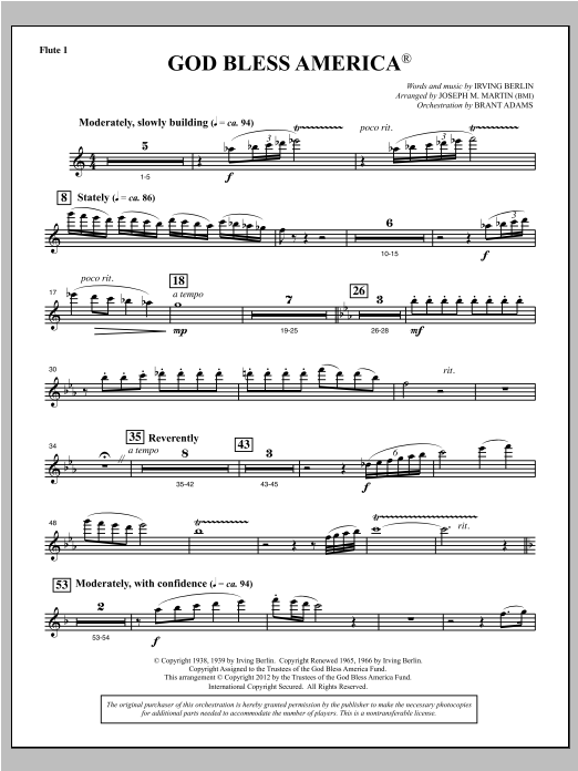 Download Joseph Martin God Bless America - Flute 1 Sheet Music and learn how to play Choir Instrumental Pak PDF digital score in minutes