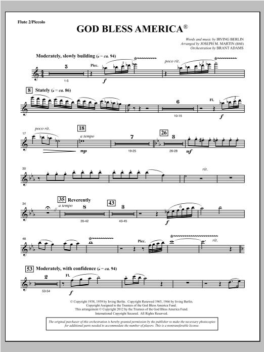 Download Joseph Martin God Bless America - Flute 2 Sheet Music and learn how to play Choir Instrumental Pak PDF digital score in minutes
