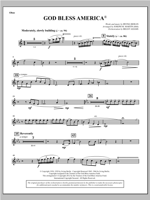 Download Joseph Martin God Bless America - Oboe Sheet Music and learn how to play Choir Instrumental Pak PDF digital score in minutes