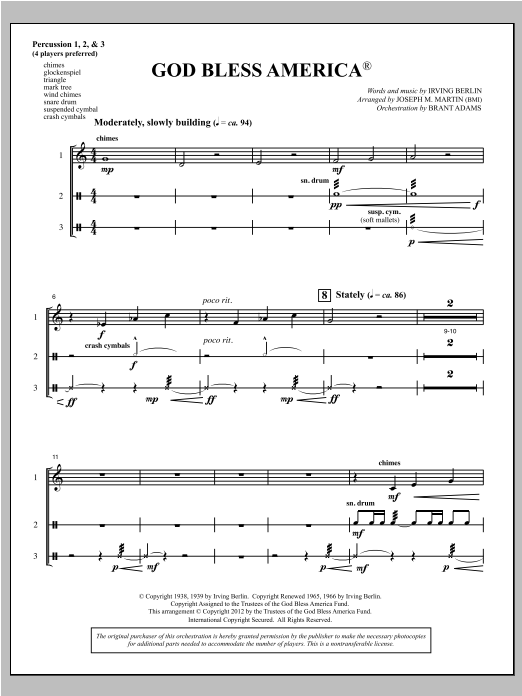 Download Joseph Martin God Bless America - Percussion 1,2,3 Sheet Music and learn how to play Choir Instrumental Pak PDF digital score in minutes