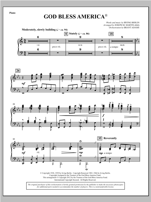 Download Joseph Martin God Bless America - Piano Sheet Music and learn how to play Choir Instrumental Pak PDF digital score in minutes