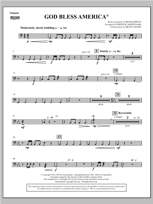 Download Joseph Martin God Bless America - Timpani Sheet Music and learn how to play Choir Instrumental Pak PDF digital score in minutes