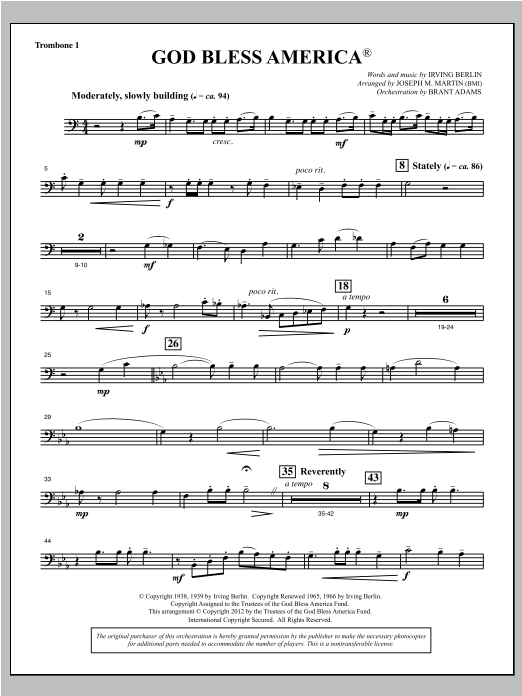 Download Joseph Martin God Bless America - Trombone 1 Sheet Music and learn how to play Choir Instrumental Pak PDF digital score in minutes
