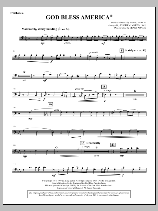 Download Joseph Martin God Bless America - Trombone 2 Sheet Music and learn how to play Choir Instrumental Pak PDF digital score in minutes