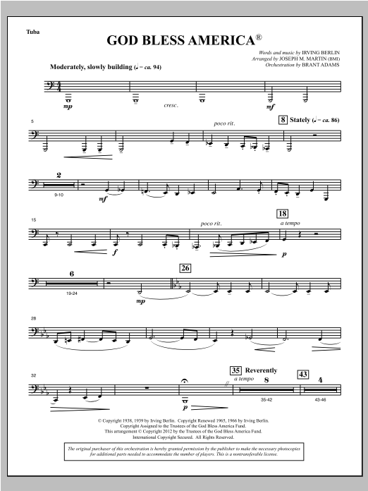 Download Joseph Martin God Bless America - Tuba Sheet Music and learn how to play Choir Instrumental Pak PDF digital score in minutes