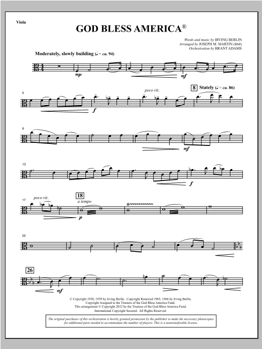 Download Joseph Martin God Bless America - Viola Sheet Music and learn how to play Choir Instrumental Pak PDF digital score in minutes
