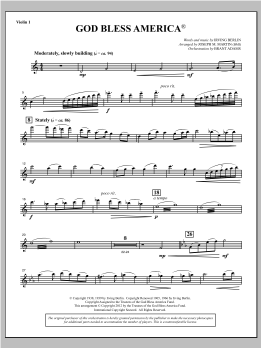 Download Joseph Martin God Bless America - Violin 1 Sheet Music and learn how to play Choir Instrumental Pak PDF digital score in minutes