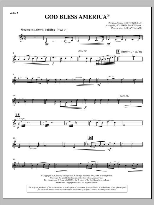 Download Joseph Martin God Bless America - Violin 2 Sheet Music and learn how to play Choir Instrumental Pak PDF digital score in minutes