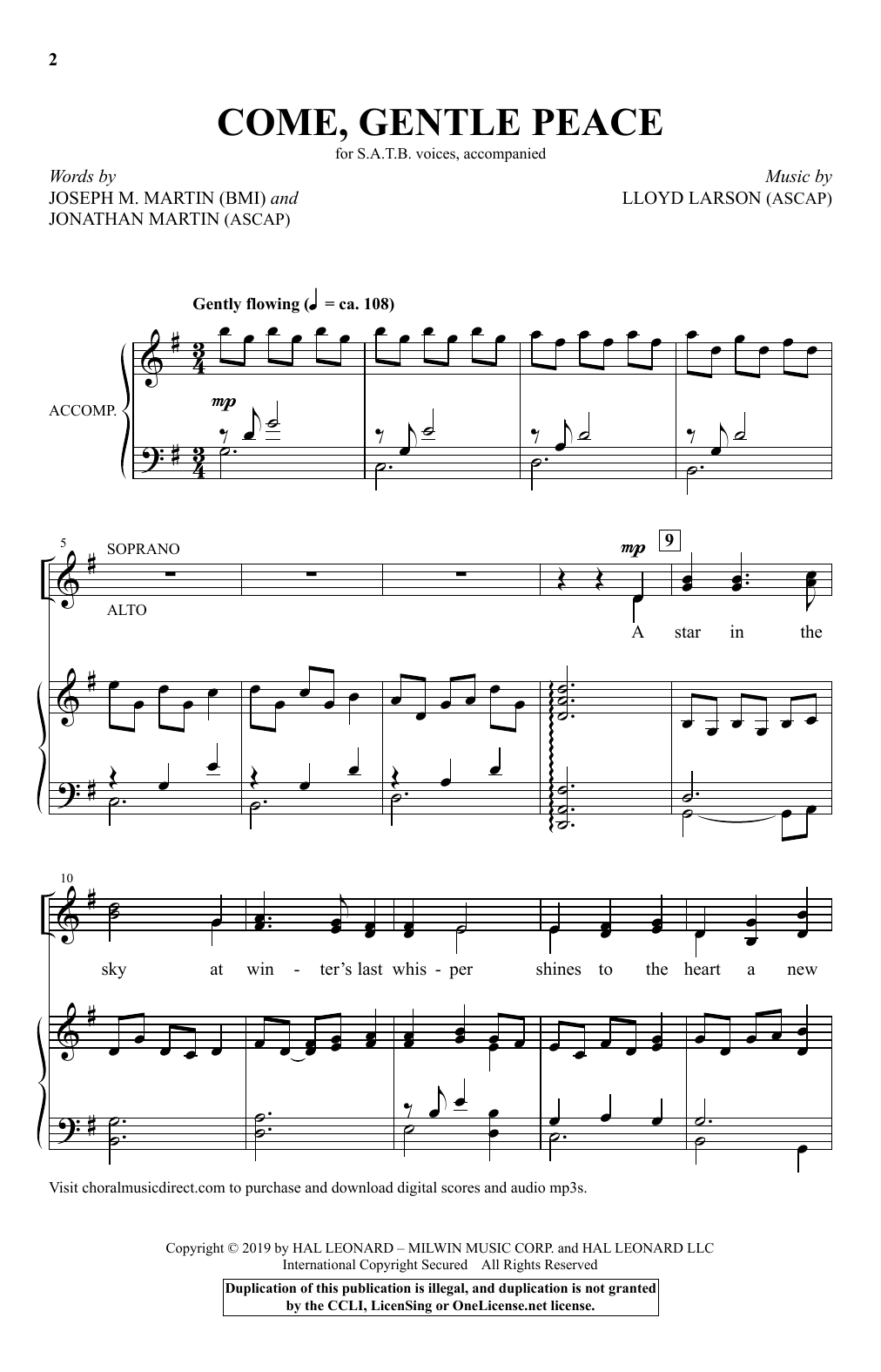 Download Joseph Martin, Jonathan Martin & Lloyd Larson Come, Gentle Peace Sheet Music and learn how to play SATB Choir PDF digital score in minutes
