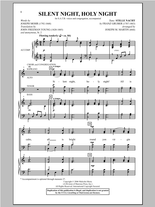Download Franz Gruber Silent Night, Holy Night (arr. Joseph M. Martin) Sheet Music and learn how to play SATB PDF digital score in minutes