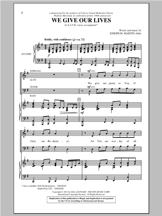Download Joseph Martin We Give Our Lives Sheet Music and learn how to play SATB PDF digital score in minutes