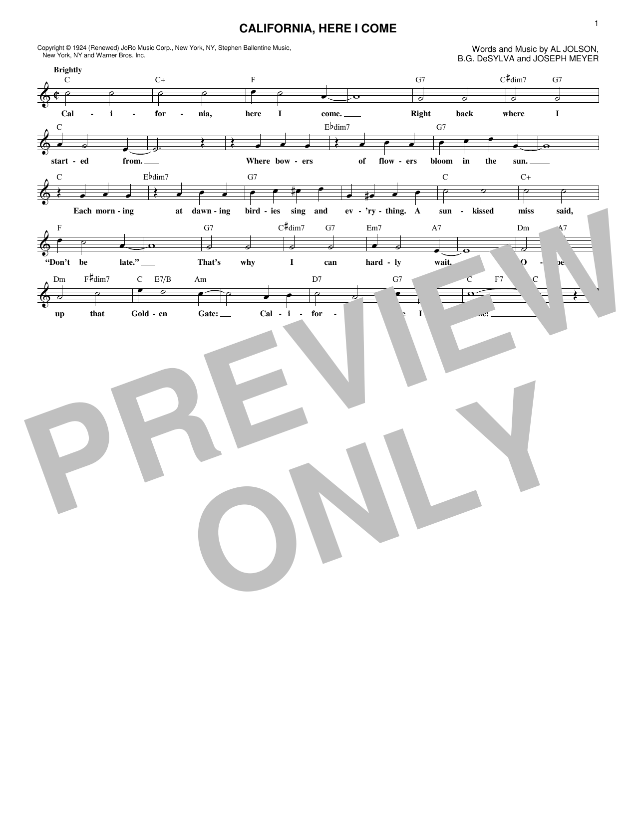 Download Joseph Meyer California, Here I Come Sheet Music and learn how to play Melody Line, Lyrics & Chords PDF digital score in minutes
