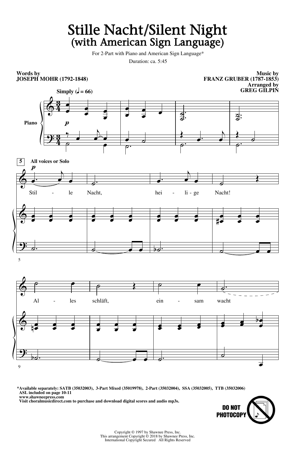 Download Joseph Mohr & Franz Grubert Stille Nacht/Silent Night (With American Sign Language) (arr. Greg Gilpin) Sheet Music and learn how to play 2-Part Choir PDF digital score in minutes