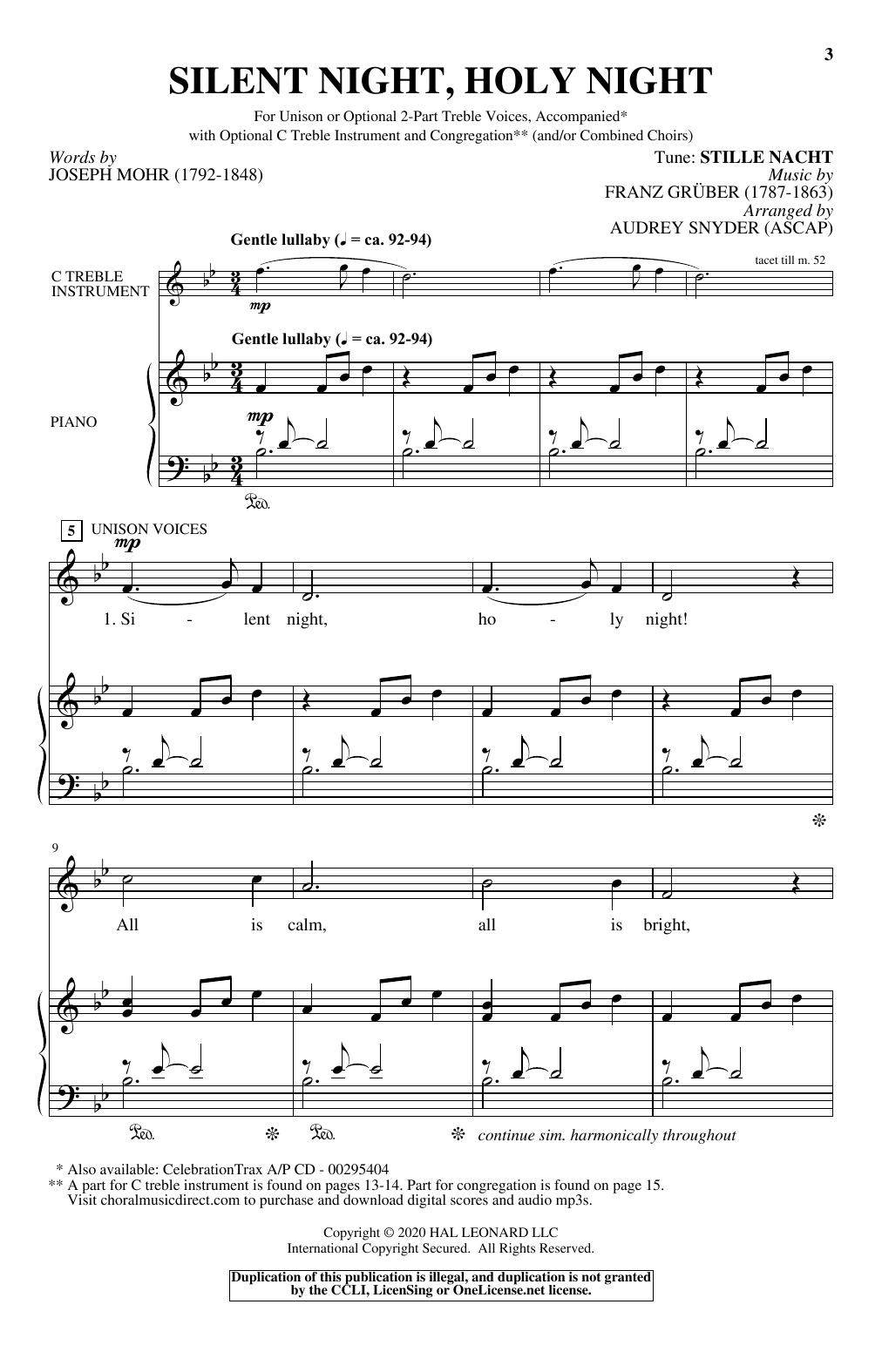 Download Joseph Mohr and Franz Gruber Silent Night, Holy Night (arr. Audrey Snyder) Sheet Music and learn how to play Unison Choir PDF digital score in minutes