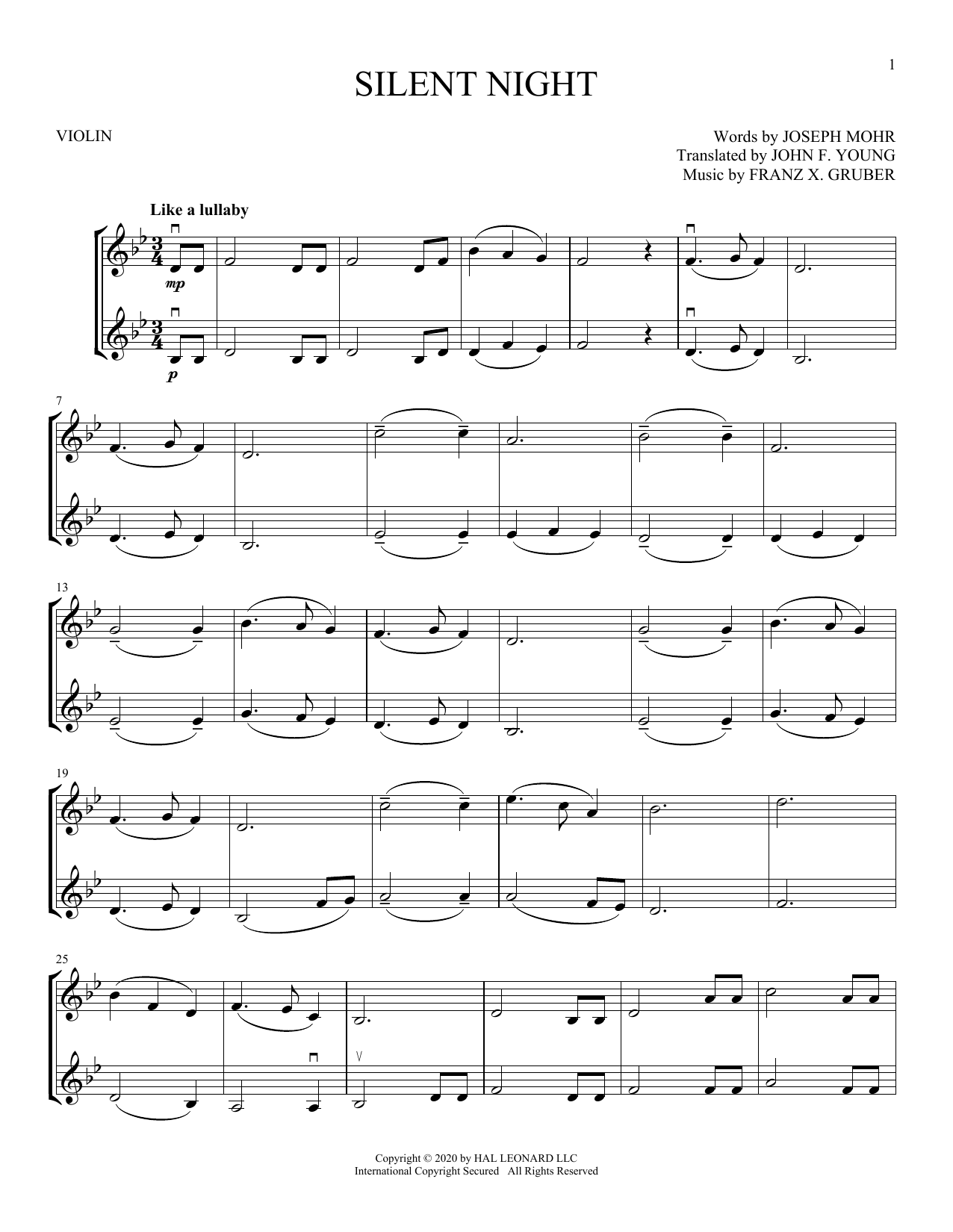 Download Joseph Möhr and Franz Gruber Silent Night Sheet Music and learn how to play Violin Duet PDF digital score in minutes