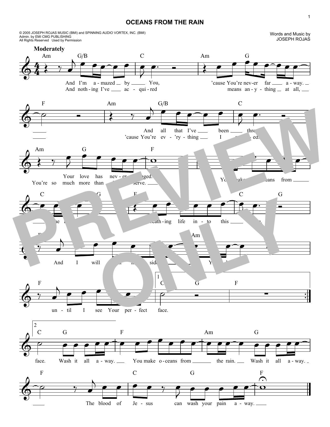 Download Joseph Rojas Oceans From The Rain Sheet Music and learn how to play Melody Line, Lyrics & Chords PDF digital score in minutes