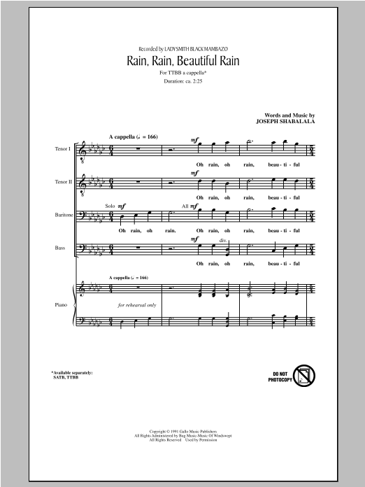 Download Ladysmith Black Mambazo Rain, Rain, Beautiful Rain Sheet Music and learn how to play TTBB PDF digital score in minutes